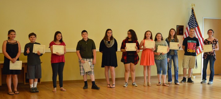 Some of the winners of our 2016 Young Writers Contest. Left to right. Brooke Chapman, Alex Bass, Destiny Cruz, Ben Prentice, Victoria Douglass, Emily Forges, Annette Prezzano, Haley McCord, Barbara Moody, Michael Orlandi, Sam Losee.
